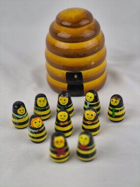 Hand Painted Ten Wooden Nesting Bees with Bee Hive